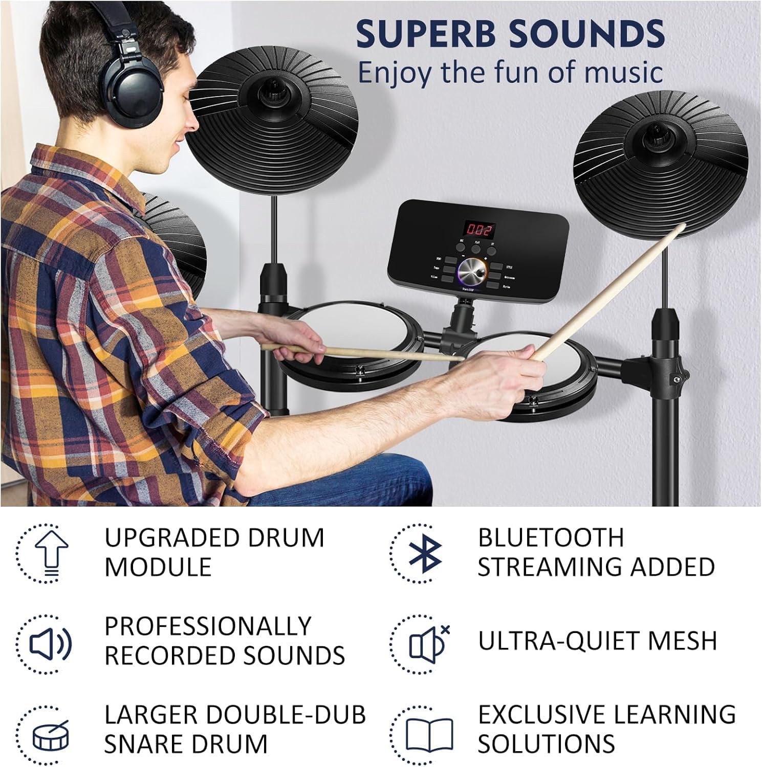 Electronic Drum Set,Electronic Drum for Beginner Set with Type-C Charging,support USB MIDI Bluetooth,with 4 Quiet Mesh Pads 2 Pedals, Drum Stool, Sticks, Headphones and Melodics Lessons