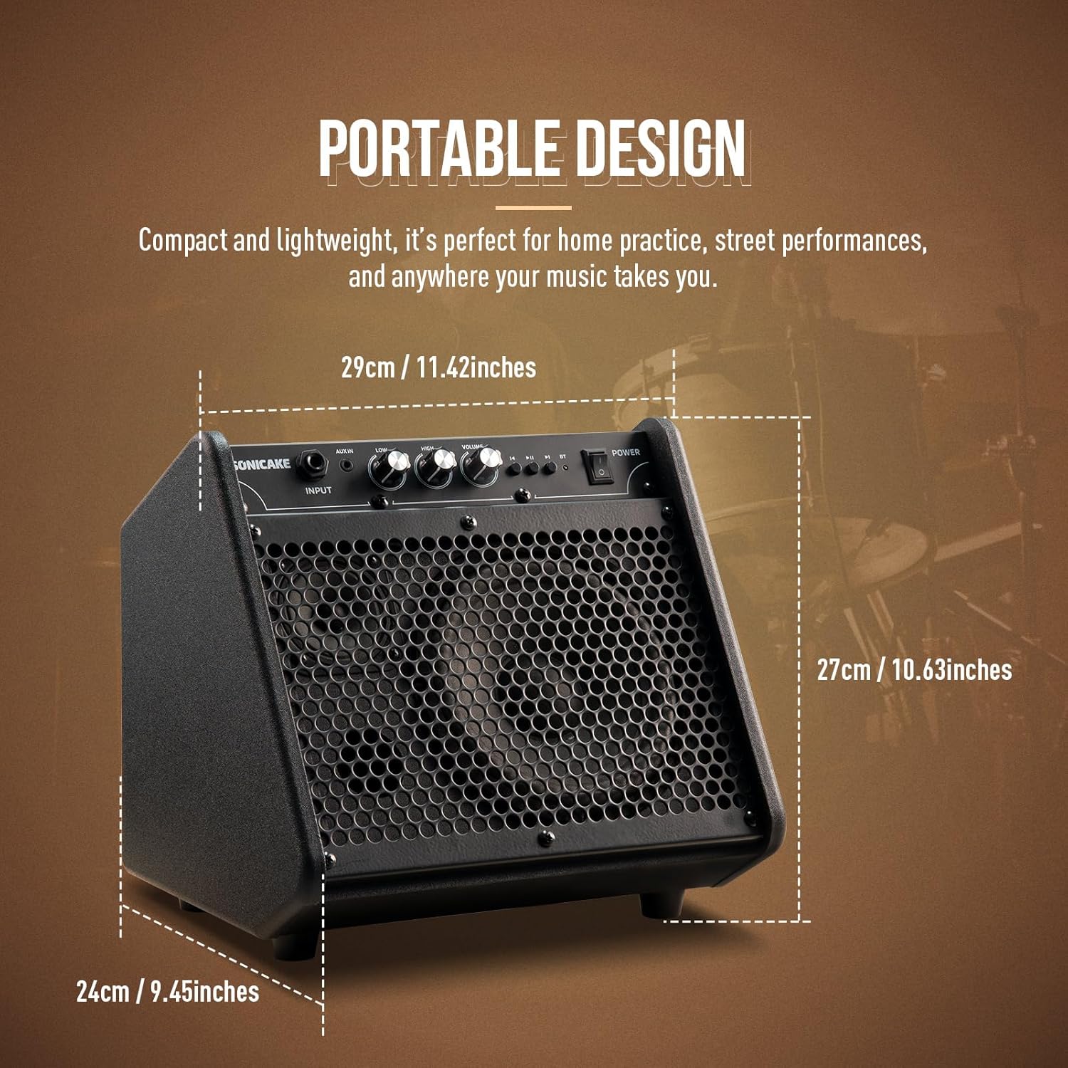 SONICAKE 20W Electric Drum Amp, Portable BT Drum/Keyboard Amplifier Speaker System with Dual Drivers for Home Practice, QDM-20