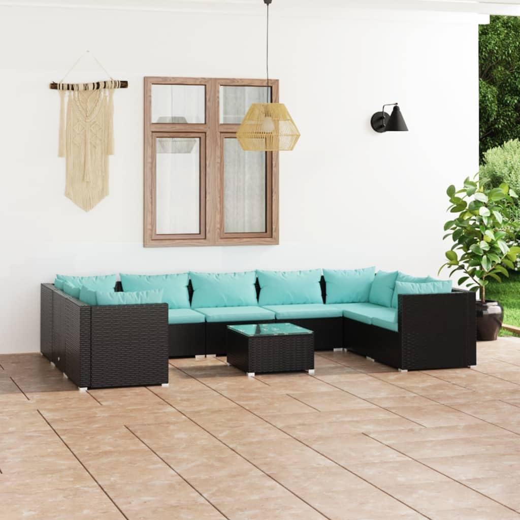 10 Piece Patio Lounge Set with Cushions Poly Rattan Black,7Piece Modular Rattan Patio Lounge Set with Cushions and Coffee Table Patio Furniture Sets, Outdoor Furniture Sets