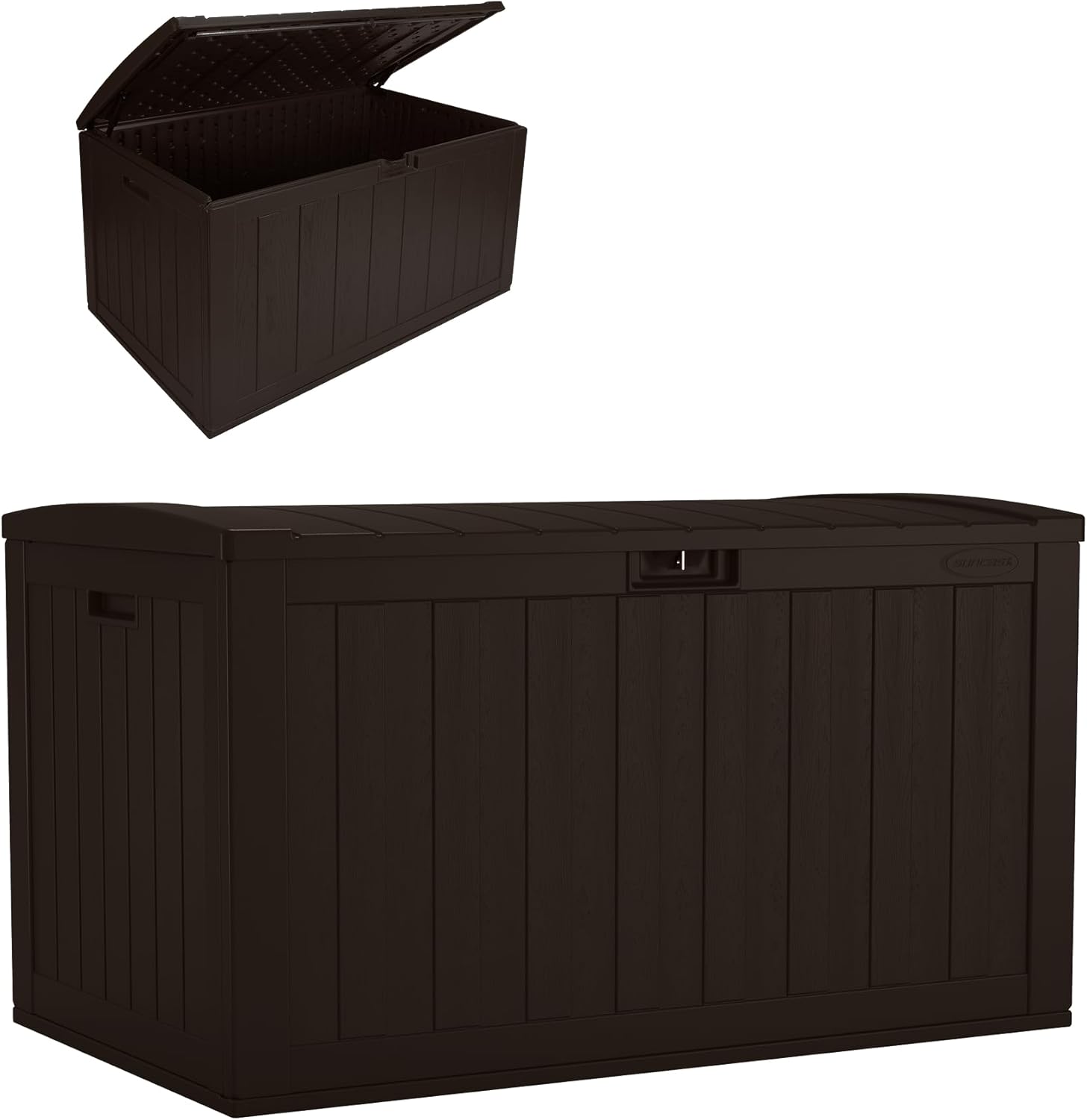 Suncast 134-Gal. Waterproof Resin Extra-Large Outdoor Patio Deck Box with Pad-Lockable Lid, Modern Outdoor Patio Bench/Storage Box for Cushions, Garden Tools, and More, Java