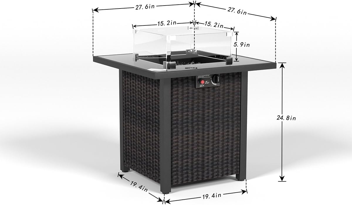 28 Inch Propane Fire Pit Table, Rattan Wicker Look, 50000 BTU Gas Firepits Tempered Glass Tabletop with Glass Windscreen Protector for Outside Patio and Garden(Brown)