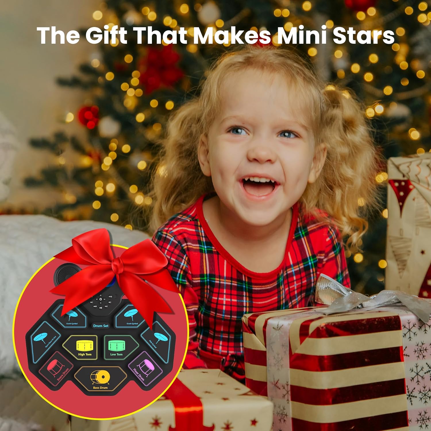 Electronic Drum Set, 9 Pads Roll Up Drum Kit, Built-in 2 Foot Pedals, Drumsticks, Headphone Jack, MIDI Support, Graphic