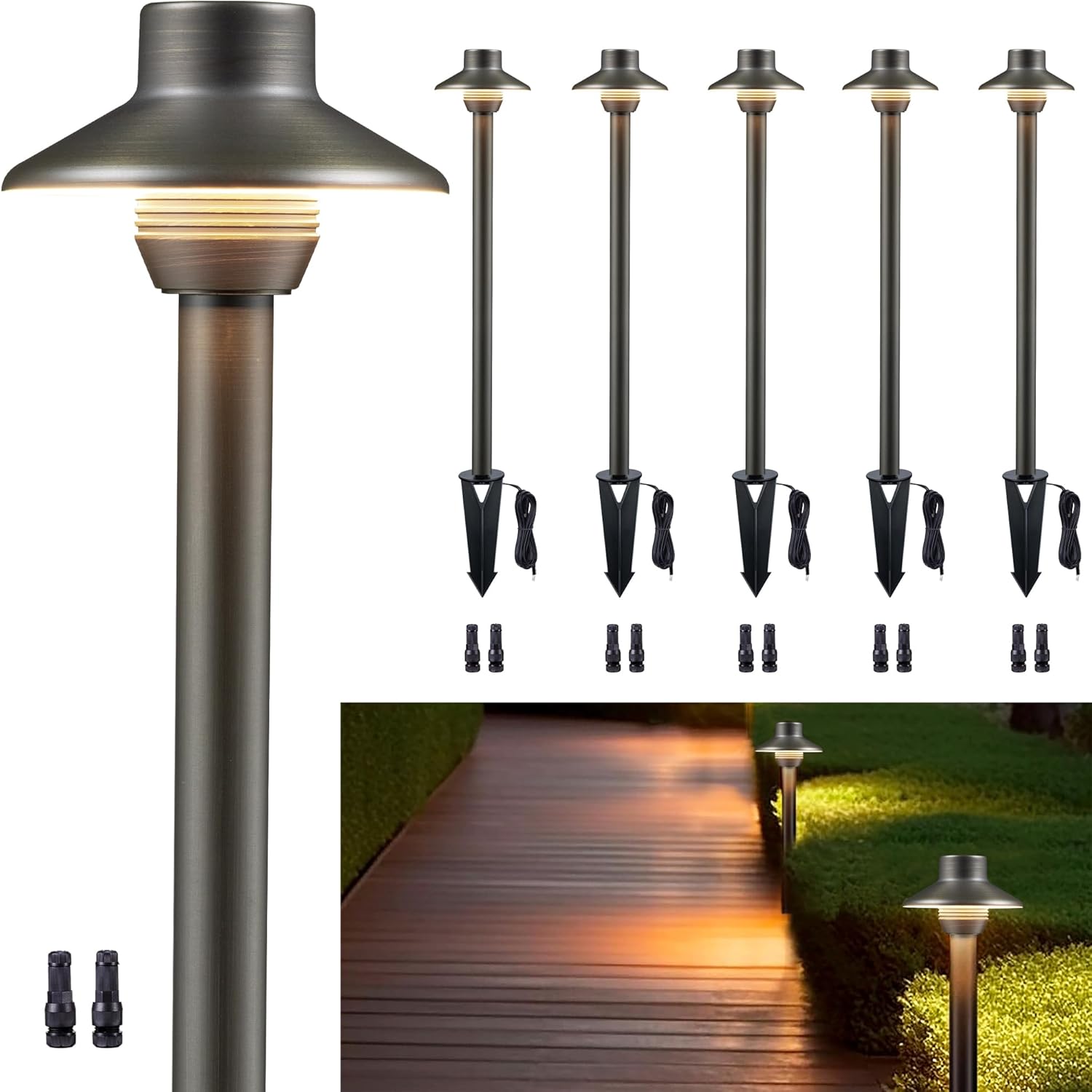 Gardenreet Outdoor Path Lights Brass, LED Landscape Pathway Light, Low Voltage Driveway Lamp Waterproof, Mini Shade 12V Wired Bronze for Walkway Sidewalk Without G4 Bulb 6 Pack