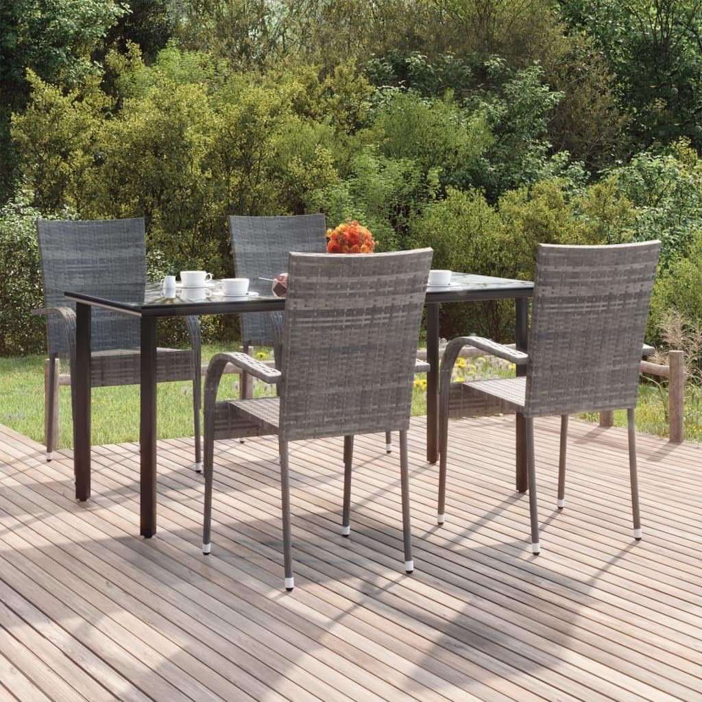 5-Piece Garden Dining Set, Grey PE Rattan, Powder-Coated Steel Frame, Tempered Glass Top, Outdoor Patio Table and Chairs for Balcony