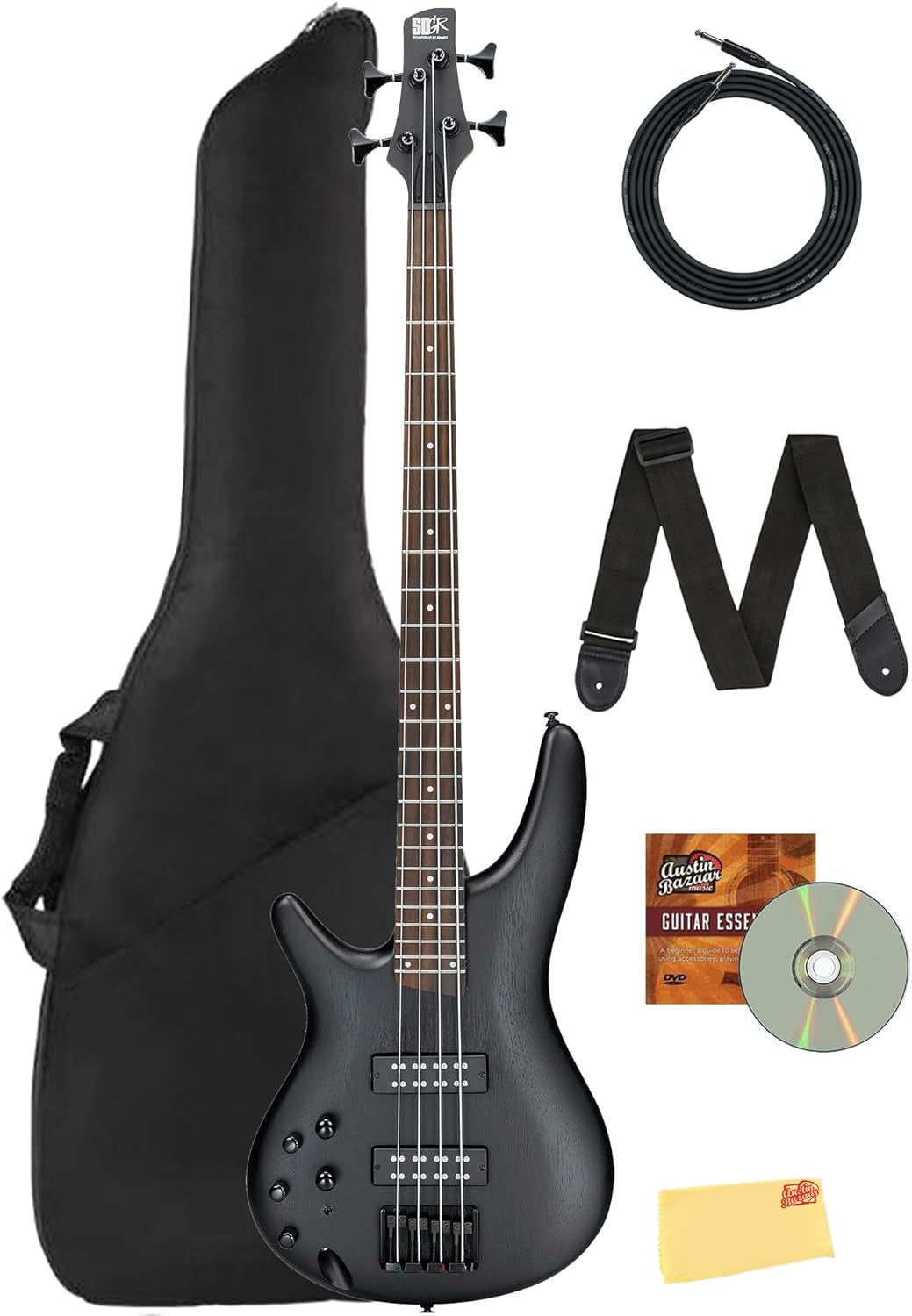 Ibanez SR300EBL SR Standard Bass Guitar, Left Handed - Weathered Black Bundle with Gig Bag, Strap, Instrument Cable, Austin Bazaar Instructional DVD, and Polishing Cloth
