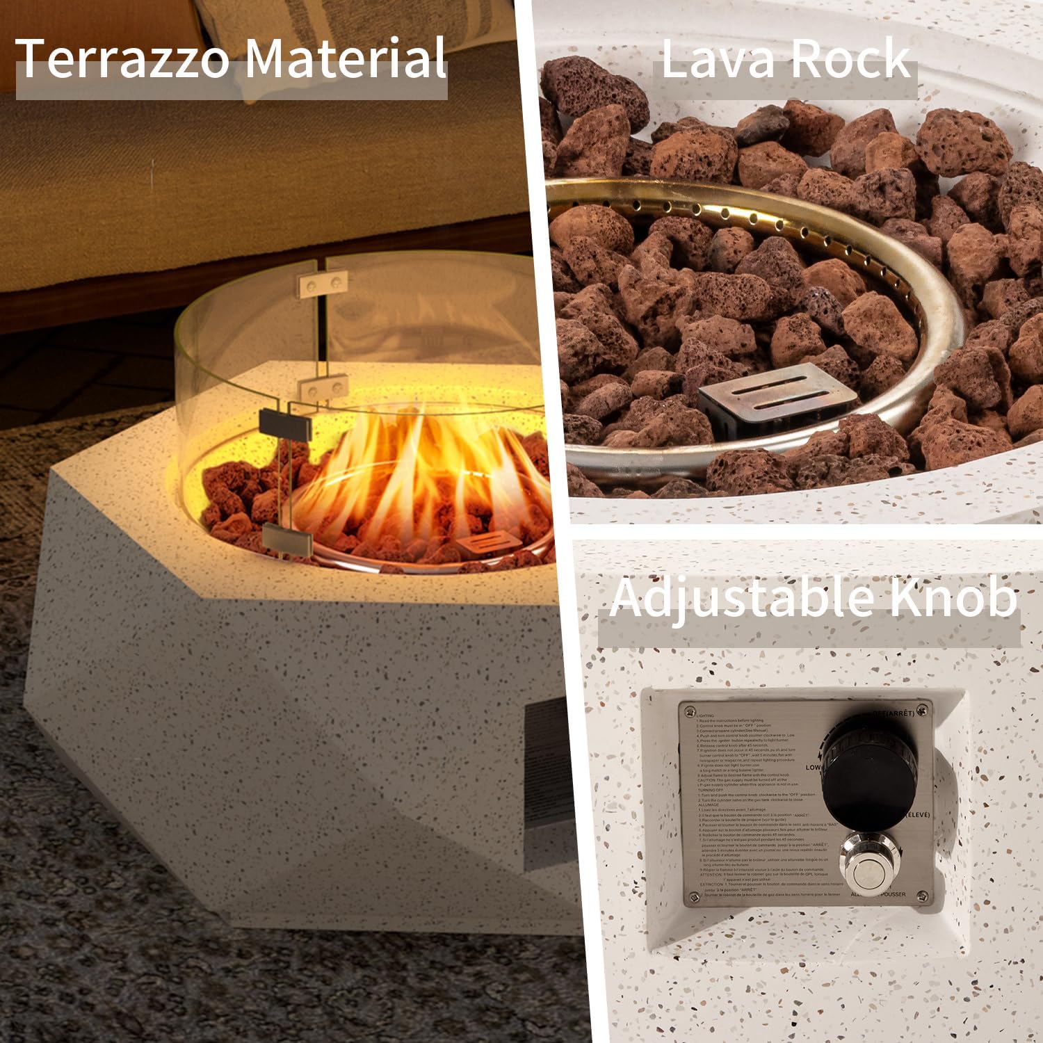 SUNBURY Outdoor Propane Fire Pit Table, 28 Inch Patio Gas Fire Table 50,000 BTU Small Fire Pit for Outside in Spotted White w Glass Wind Guard, Lava Rocks