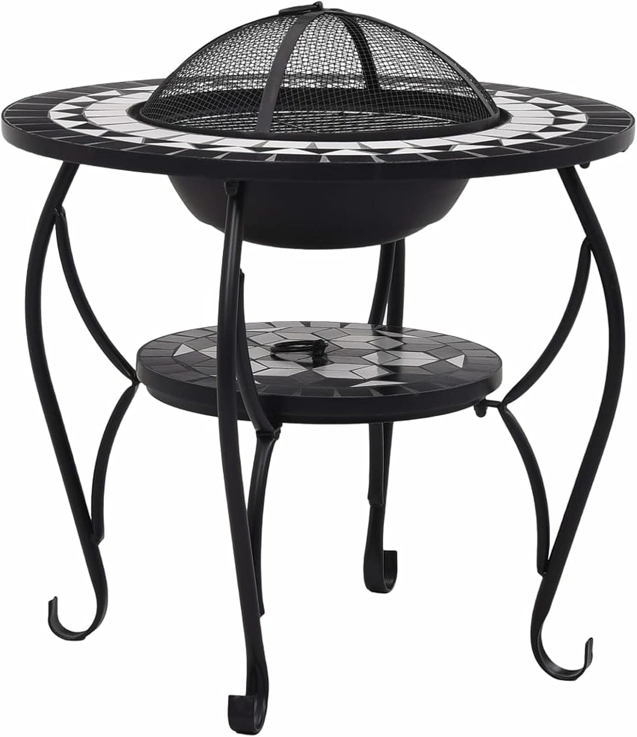 Mosaic Fire Pit Table, Black and White Ceramic Steel 26.8in Round for Garden Patio Warmth and Barbecue