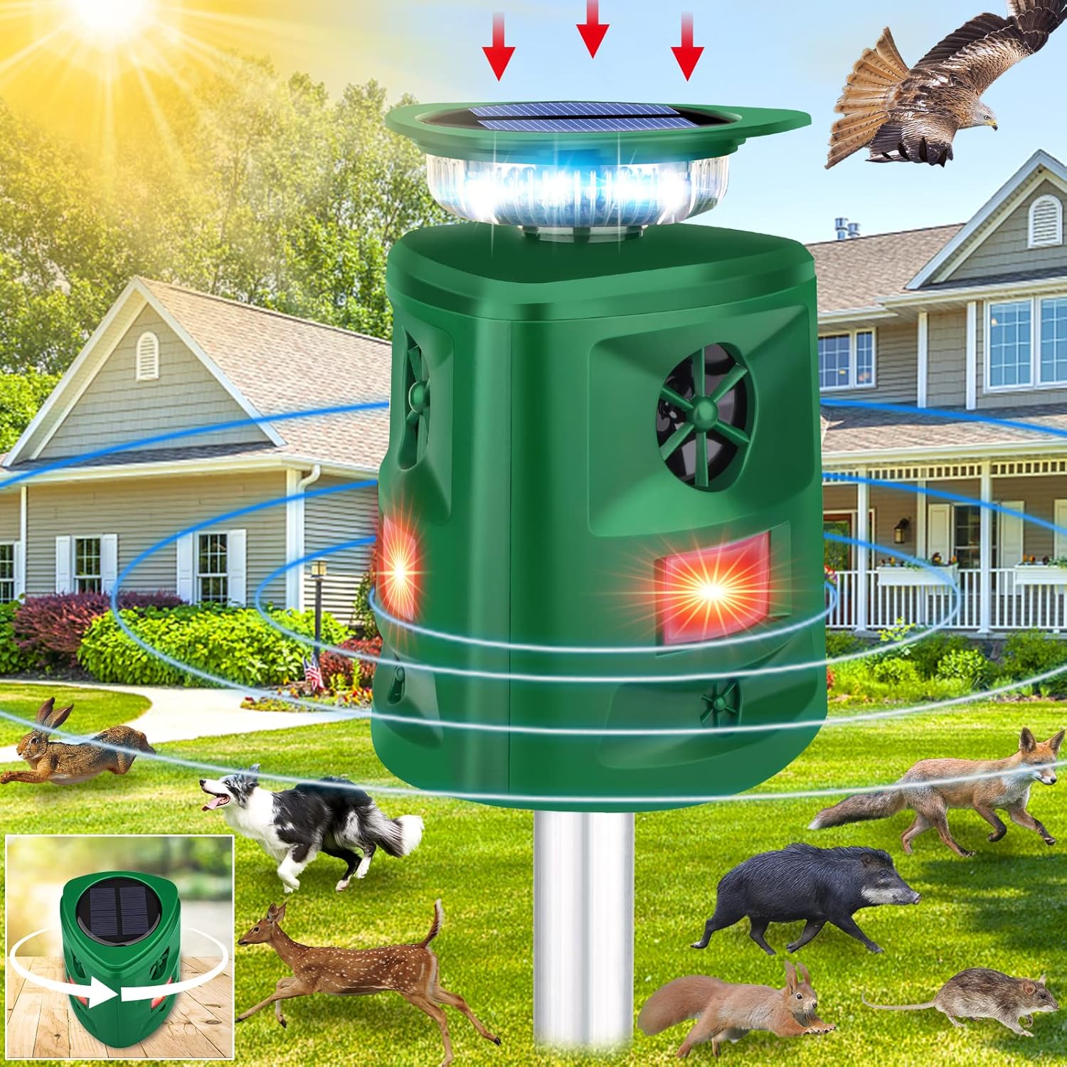 Ultrasonic Animal Repeller,2024 Upgrade Solar Animal Repeller,360° Cat Repellent Outdoor Solar Powered Ultrasonic Deer Repellent with Motion Sensor & Flashing Light,Raccoon Repellent for Yard Garden