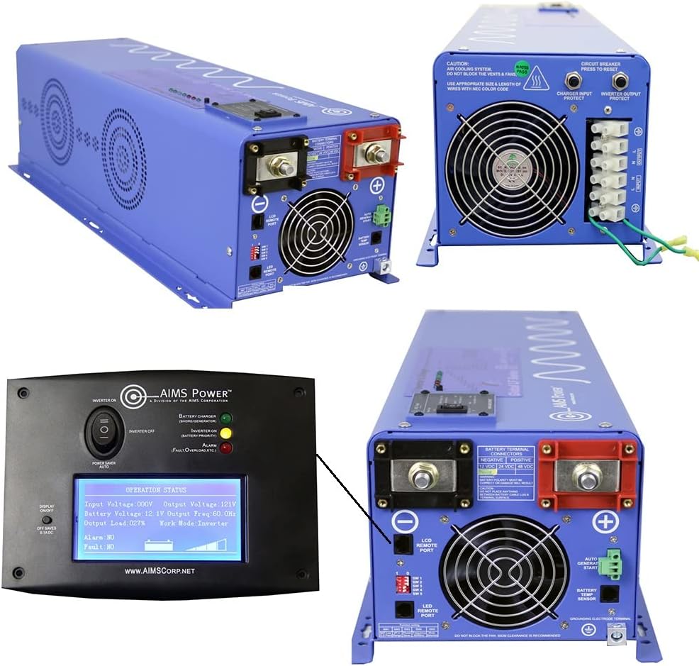 AIMS Power 6000 Watt / 18000 Watt Peak Pure Sine Inverter Charger 48 VDC / 240 VAC Input to 120/240 VAC Output with LCD Remote
