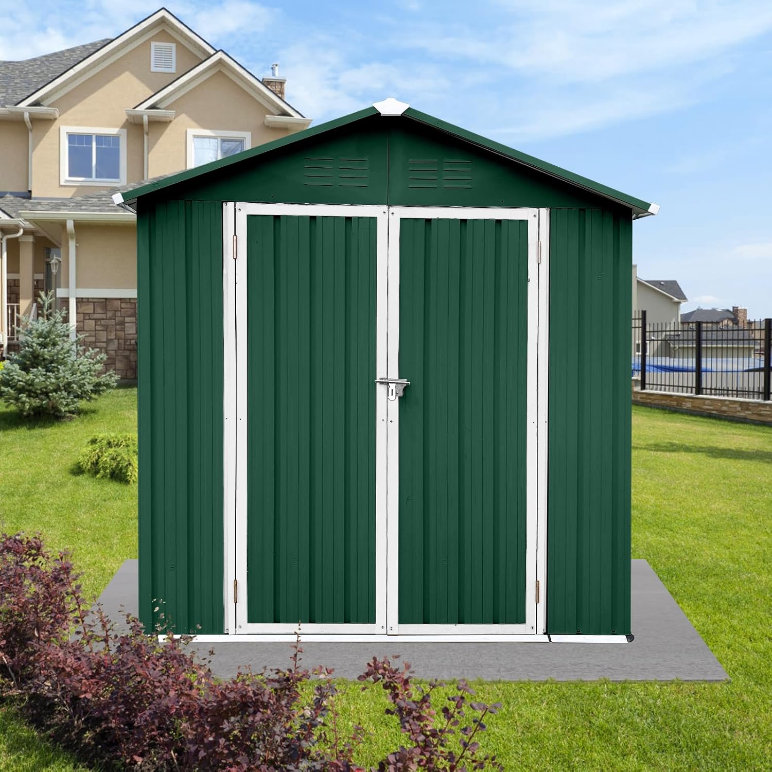 Outdoor Metal Storage Shed, 6 x 4 ft, White and Brown, Apex Roof, Double Door with Lock (Green+White)