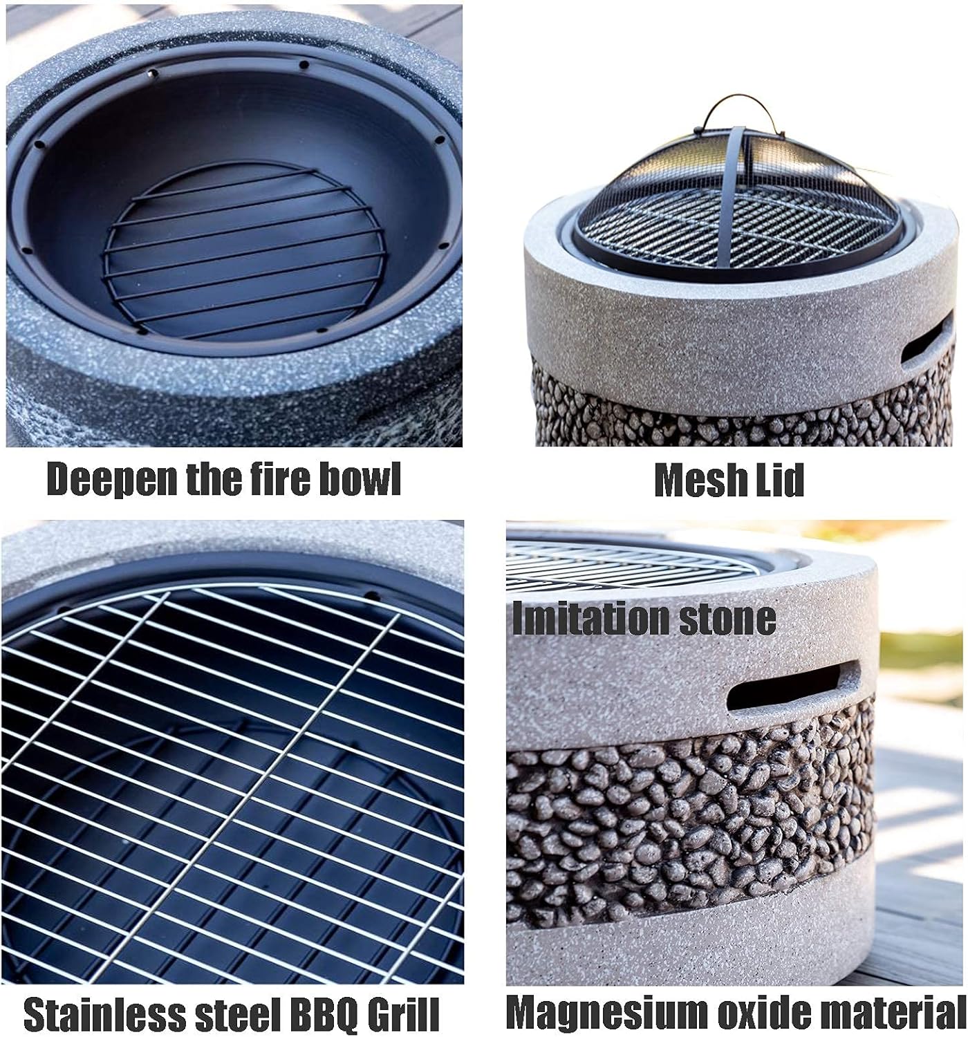 Outdoor Fire Pit Garden Wood-Burning Fire Pit Barbecue Grill Kit, Backyard Patio Outdoor Imitation Stone Fireplace Bonfire Pit, 55.5cm