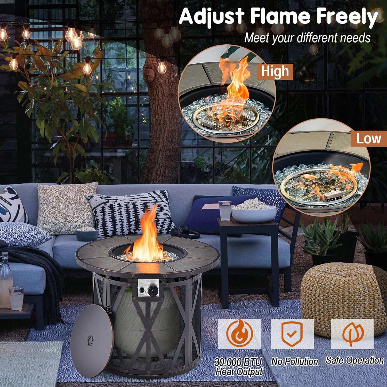 COSTWAY 32 Inch Outdoor Fire Pit Table, 30,000 BTU Round Metal Fire Table with Lid & PVC Cover & Glass Stones, CSA Approved, Fire Pit Table for Patio Garden Backyard Deck