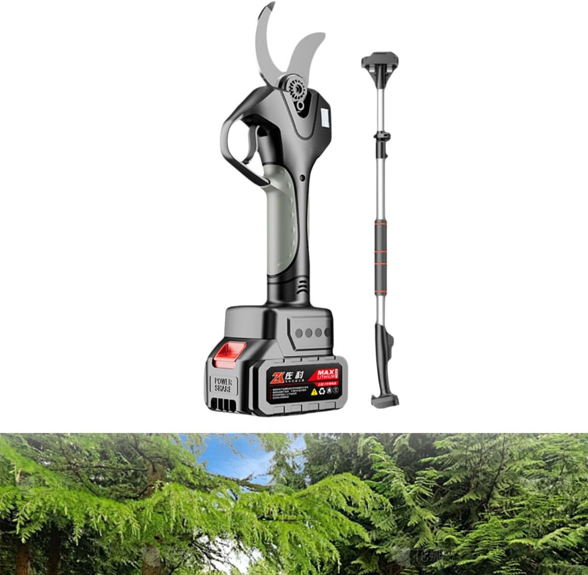 980W Cordless Pruner Branch Trimmer, Electric Pruners For Backyard, Electric Pruning Shears for Trees, 4.5 Cutting Diameter, Sk5 carbon steel blade Silver-Opening6.0cm+2*Battery+ExtensionRod