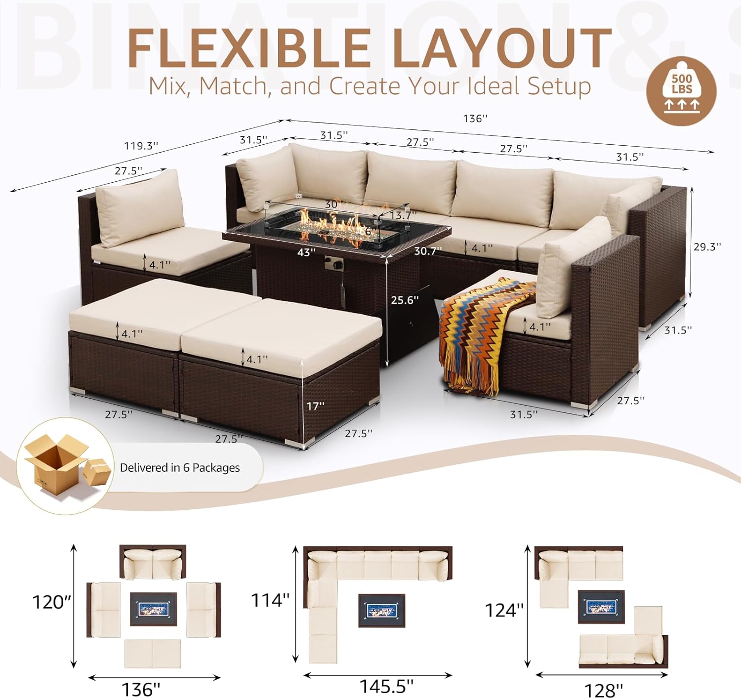 NICESOUL 9 Piece Outdoor Patio Fire Pit Sets, Extra-Large 29.3