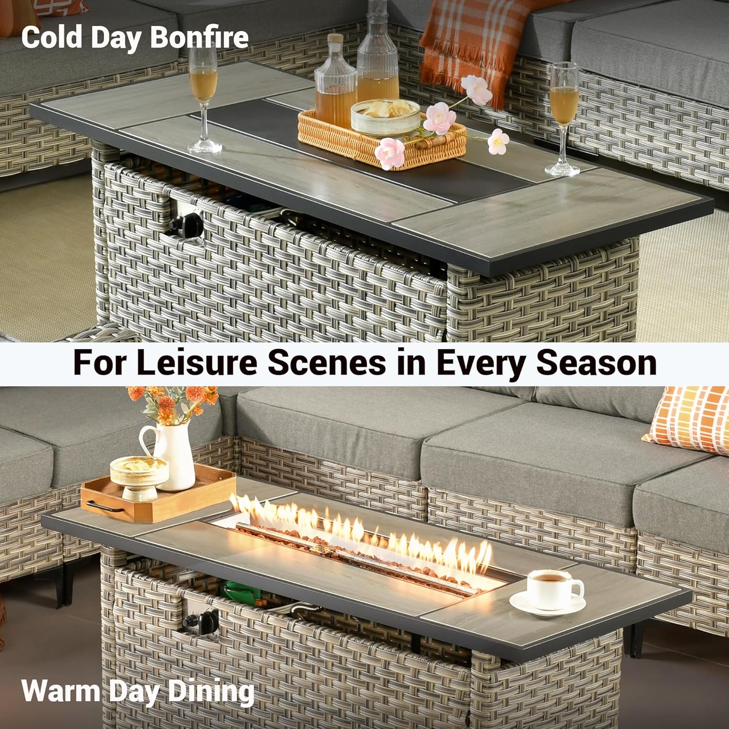 OVIOS 54 Inch Outdoor Patio Fire Pit Table, 50,000 BTU Heater PE Rattan Propane Firepits with Ceramic Tabletop, Waterproof Cover, Lid and Lava Rock, Rectangular, Mixed Color