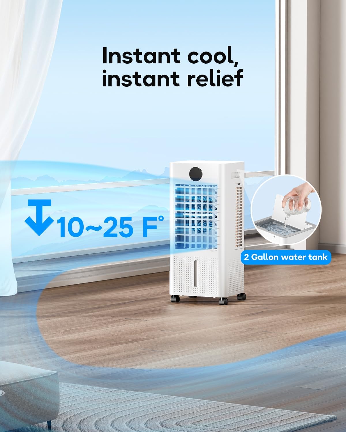 Evaporative Air Swamp Cooler, 22-inch Oscillating Fans that Blow Cold Air, Portable Air Conditioner with Ice Packs, Remote, AC Unit, Humidifier for Indoor, White