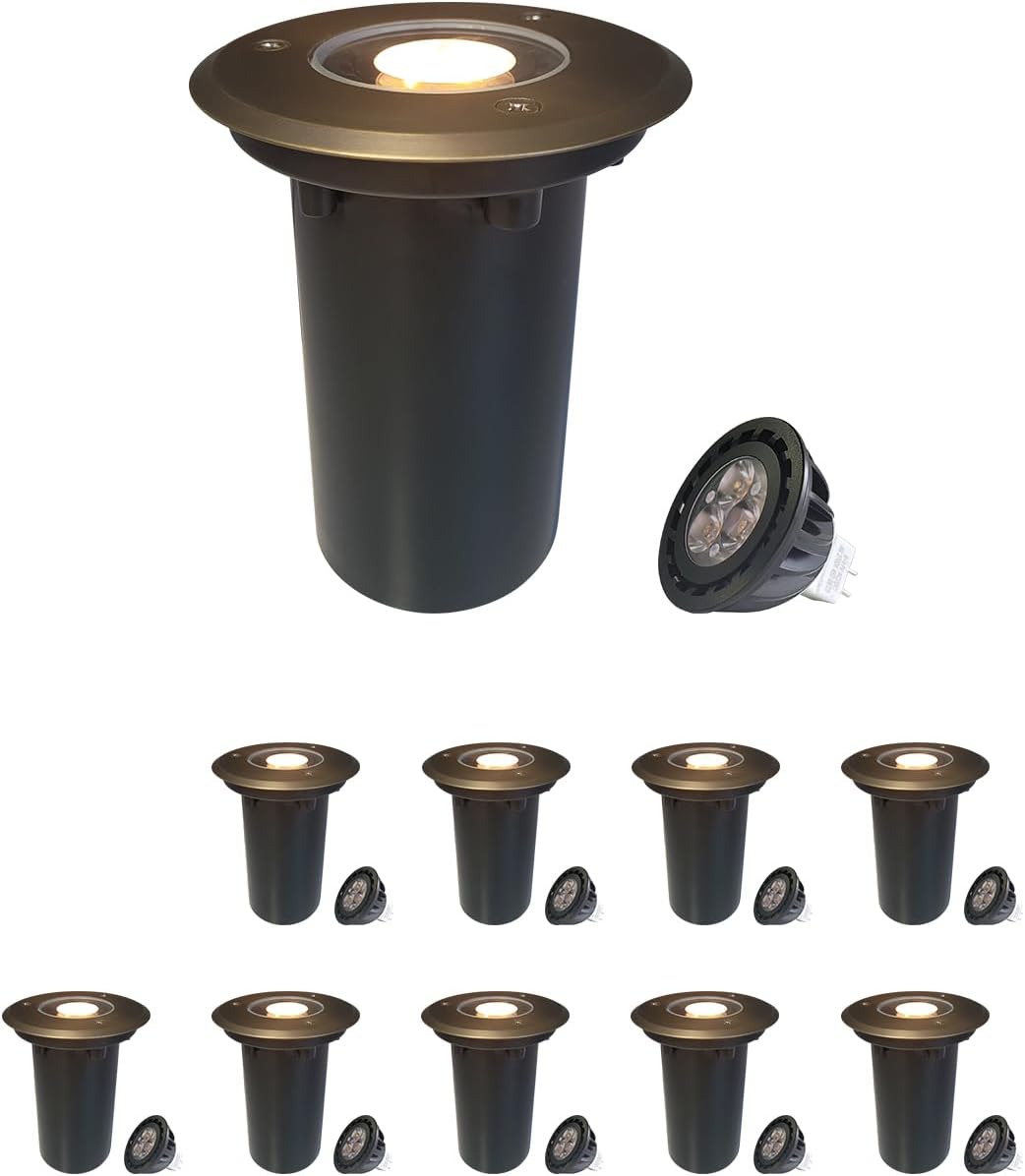 COLOER Die-cast Brass Top In-Ground Well Lights 10-Pack with Bulb,5W 2700K Warm White Outdoor LED Outdoor Low Voltage Pathway Lights,IP65 Waterproof Landscape Lighting(303B)