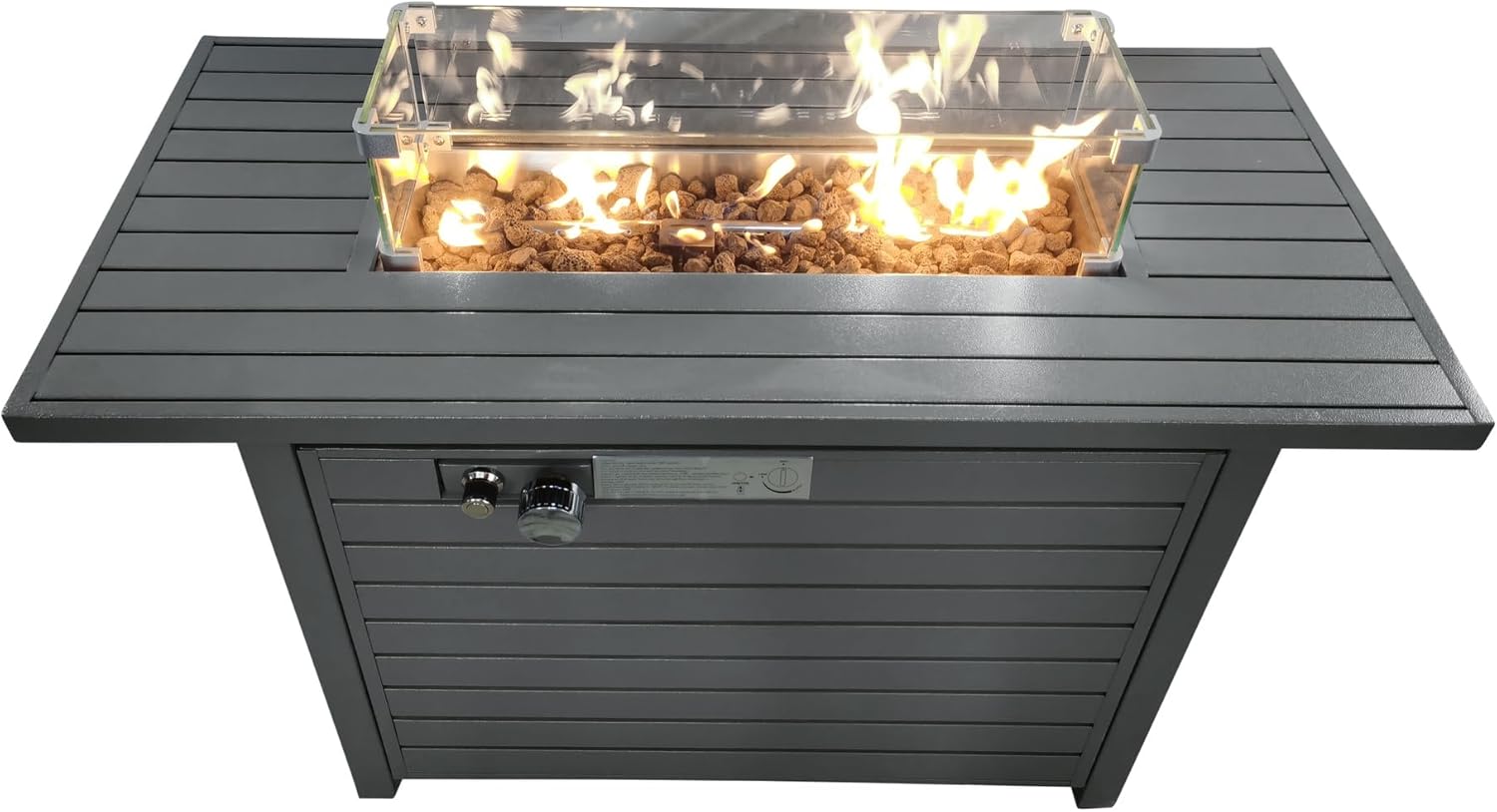 Penau 11 Inch H x 42 Inch L Steel Propane Outdoor Fire Pit Table with Lid - Modern Design, 50000 BTU, Lava Rock Filling, Garden & Patio Use, Gray