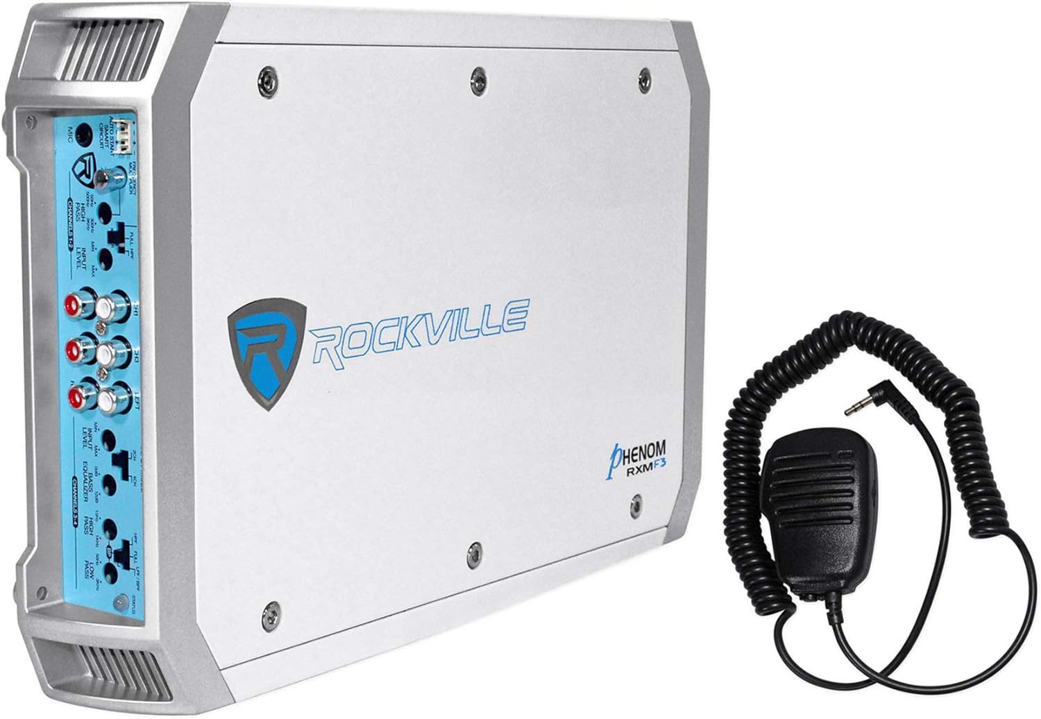 Rockville RXM-F3 1600W Peak/260W RMS 4-Channel Class A/B Marine Amplifier with PA Microphone, Waterproof Conformal Coating, Smart Auto Turn-On for Boats