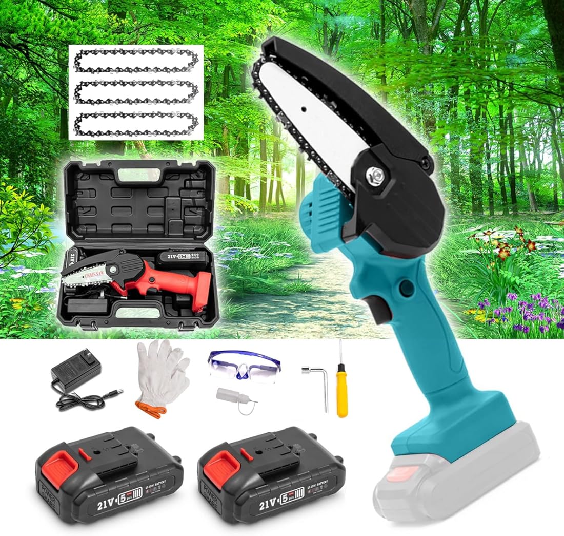 Mini Chainsaw Cordless, 4-Inch 21V Electric Chainsaw with 2 Batteries, 2.0Ah Battery Powered Chainsaw Handheld for Tree Trimming and Branch Wood Cutting (Color : Green)