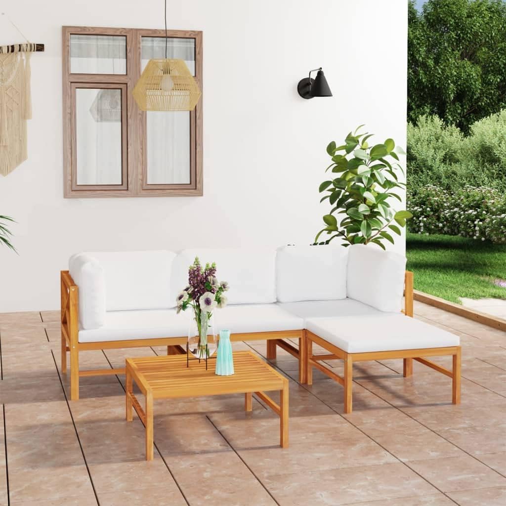 5 Piece Patio Lounge Set with Cream Cushions Solid Teak Wood,Luxurious Teak Wood Patio Lounge Set with Cream Cushions for Enhanced Comfort and Style Furniture Sets for Patio, Lawn & Garden