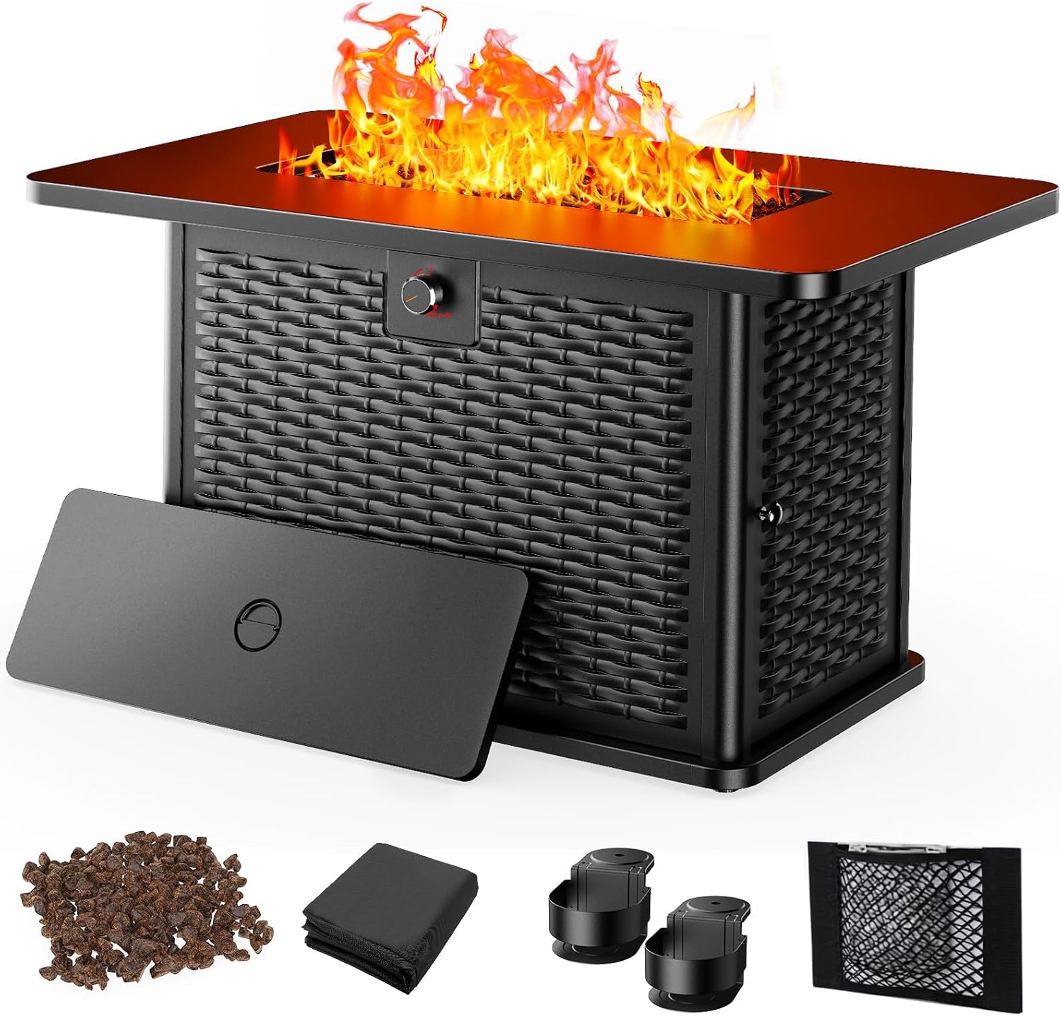 AMADA HOMEFURNISHING 43 Inch Propane Fire Pit Table, 60,000 BTU Gas Fire Pit with Lava Rocks, Waterproof Cover, Removable Lid, Cup Holders, 2-in-1 Fire Table for Patio, Backyard, Garden, Black