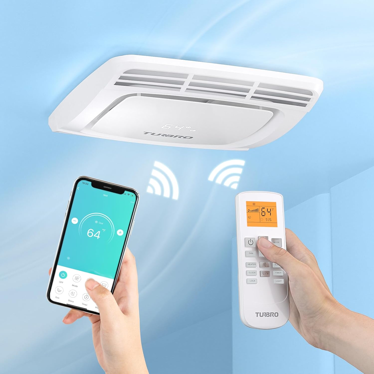 TURBRO Finnmark 15K BTU RV AC with Soft Start Kit - Cooling & Heating, WiFi Remote, LED Decoration Light, Low-Power Startup, 100-240V, Non-Ducted, White