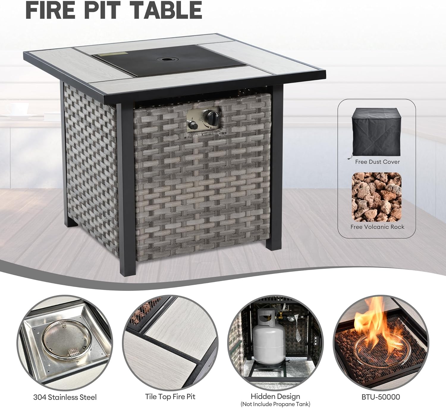 8 Pieces Patio Sectional Conversation Sofa Set, Wicker Outdoor Furniture Set with Swivel Rocker Chair and Square Fire Pit Table (Orange Red)