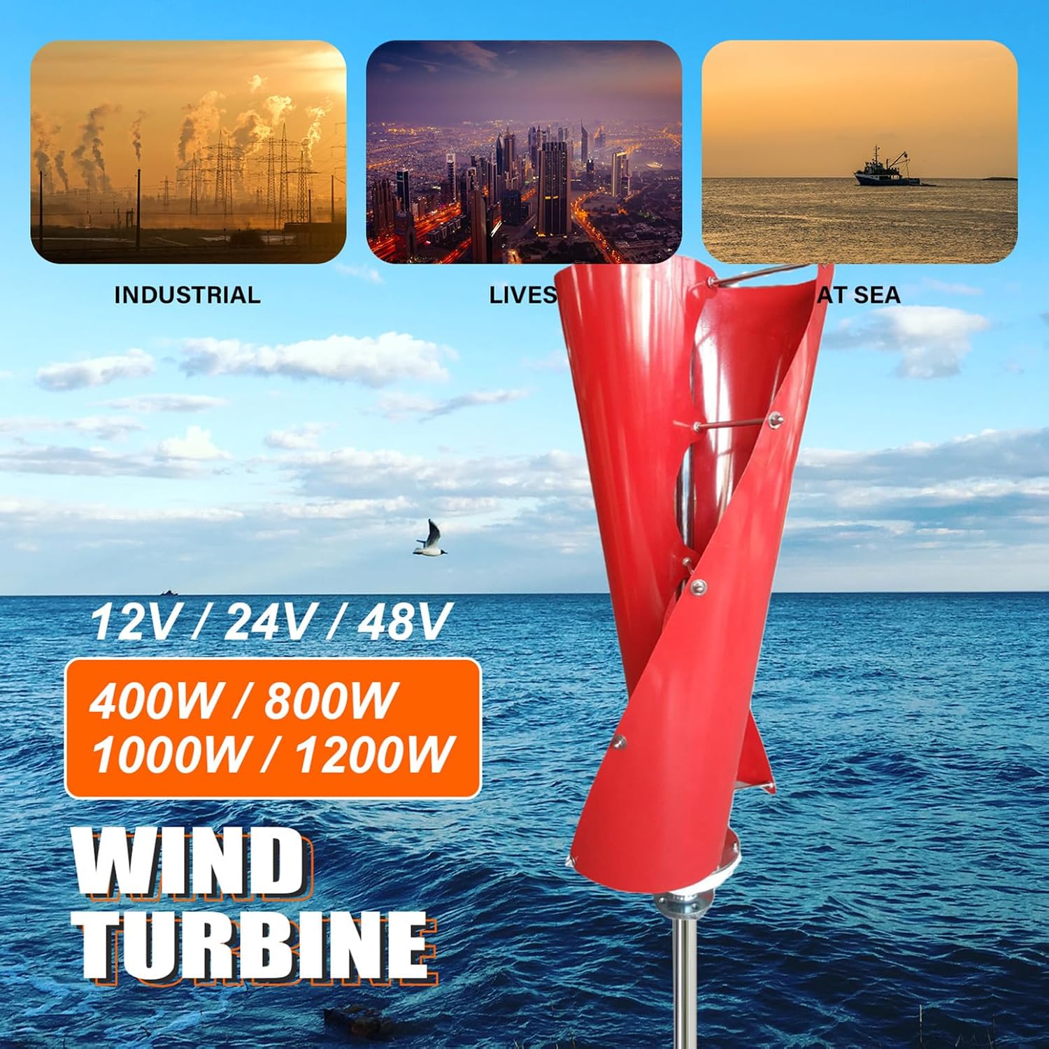 400W / 800W / 1000W / 1200W Vertical Spiral Wind Power Turbine Generator 12V / 24V / 48V Magnetic Levitation Axis Wind Turbine Kit with Controller and 2 Red Blades, for Outdoor Boat,400w,12V