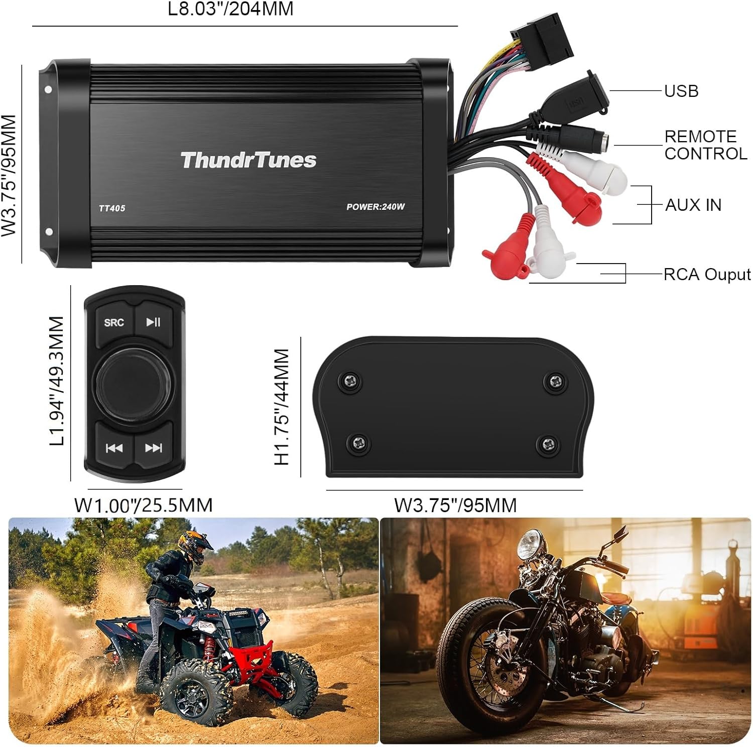 Marine Powersport Bluetooth Amplifier Audio System with 2pcs Black Speakers, Class D 60W x 4 CH, Switch Mount, Suitable for Motorcycle, UTV, ATV, Boat