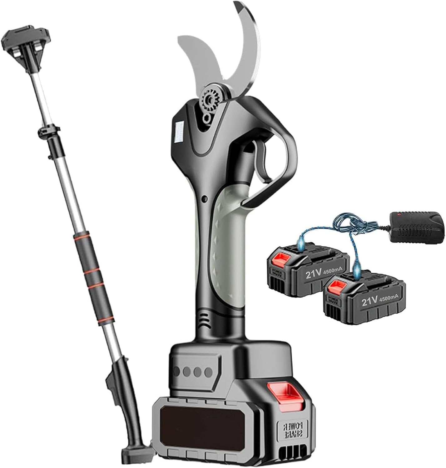 Electric Pruning Shears, Cordless Tree Pruner with with 2.1m Extension Pole, Power Scissors for Gardening, Trimming Branch, 2 Battery and Charger