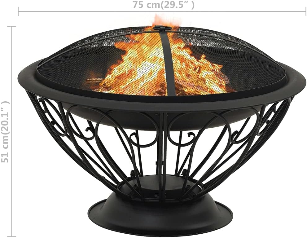 vidaXL XXL Fire Pit with Poker in Black Steel - 29.5 Inches, Outdoor Patio Standalone Fireplace with Mesh Cover, Easy Carry Ring, Industrial Design, Safety Compliant, Great for Backyards