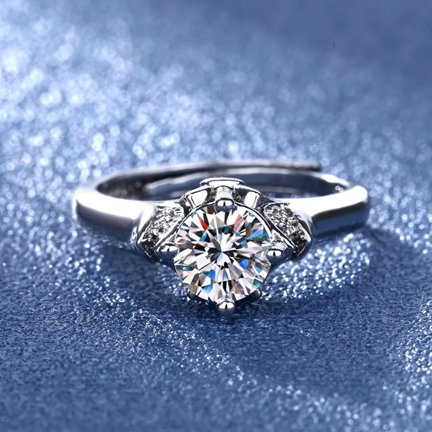 18 Karat White Gold Rings, Women's Engagement Ring Lab Diamond 4 Prongs Silver Band with Ruby for Fiancée