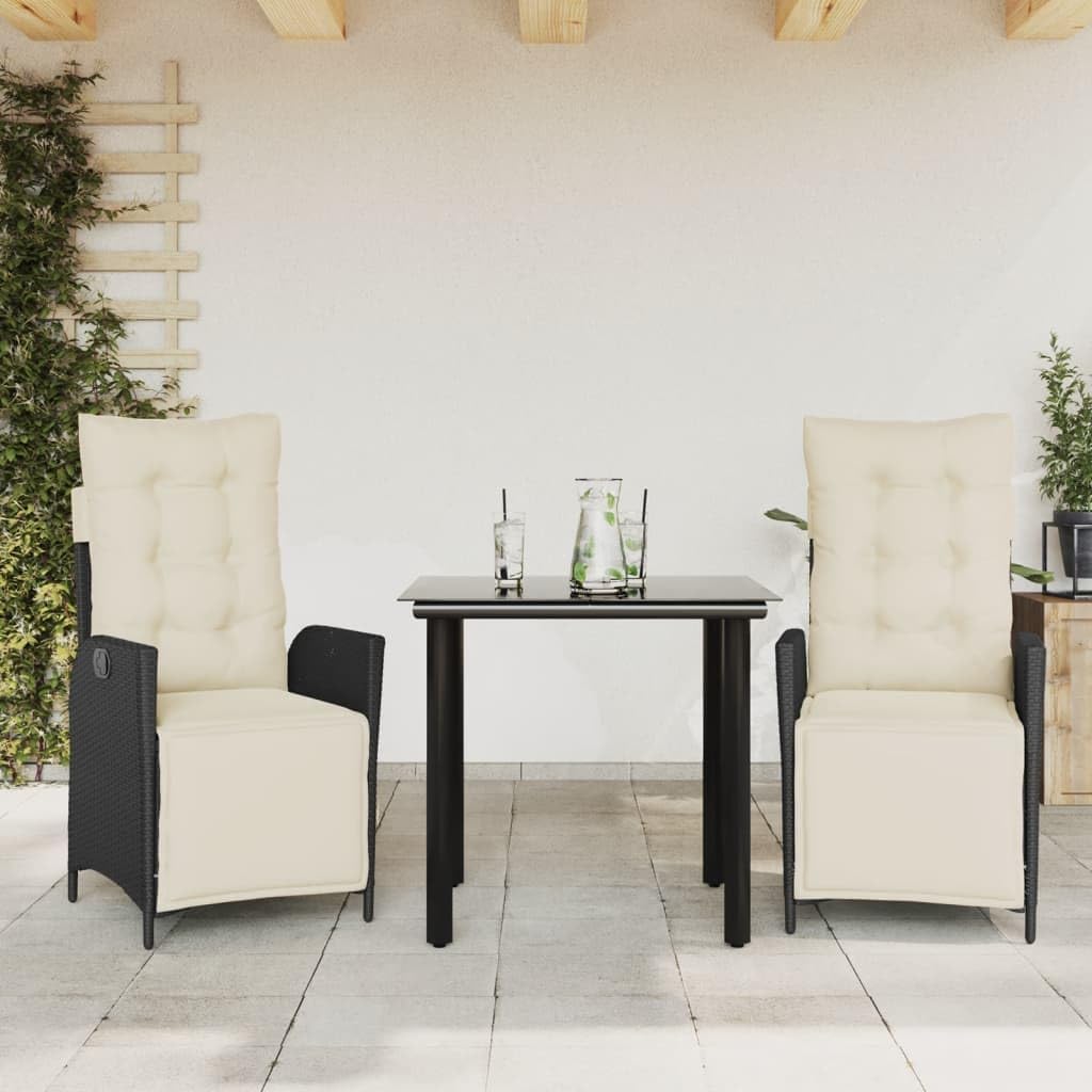 3 Piece Patio Dining Set with Cushions Black Poly Rattan Garden Furniture