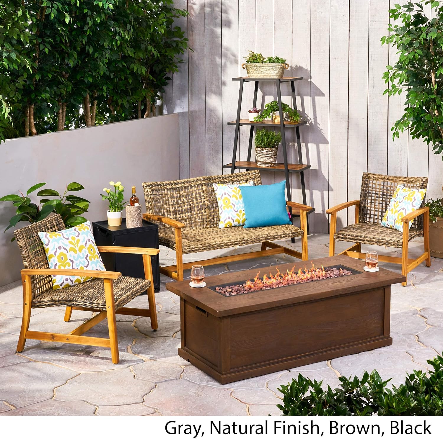 Great Deal Furniture GDFStudio Outdoor 5 Piece Wood and Wicker Chat Set with Fire Pit, Gray and Brown