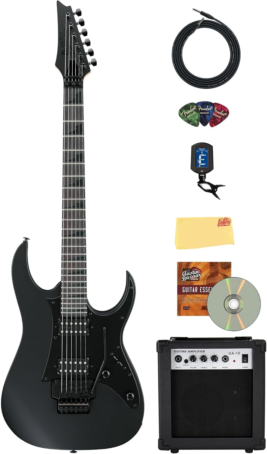Ibanez GRGR330EX RG Gio Electric Guitar - Black Flat Bundle with Amplifier, Tuner, Cable, Picks, Austin Bazaar Instructional DVD, and Polishing Cloth