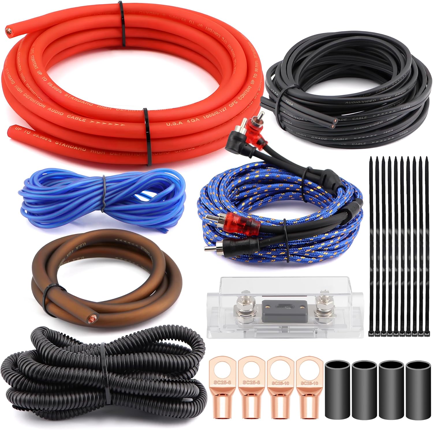 4 Gauge OFC Car Amplifier Wiring Kit 3000W - Fits Most Standard Amp Terminals | Complete with All Cables for Power, Ground, RCA & Speakers | Ideal for Car Stereo & Sub Upgrades