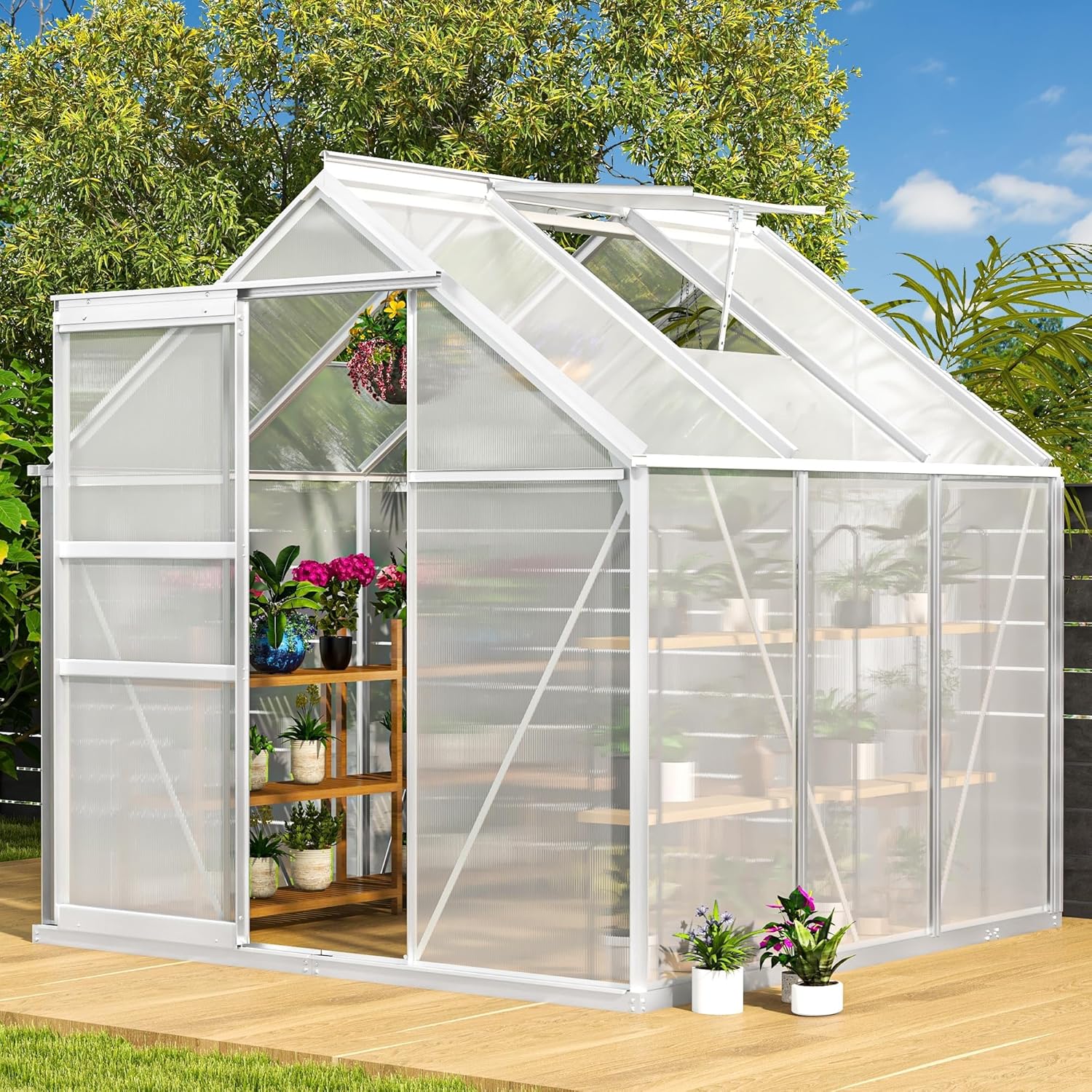 DWVO 6x6FT Polycarbonate Greenhouse for Outdoors, Large Heavy Duty Aluminum Greenhouses with Sliding Doors and Vent Window, Walk-in Greenhouse Large Sun House for Garden Backyard, Silver