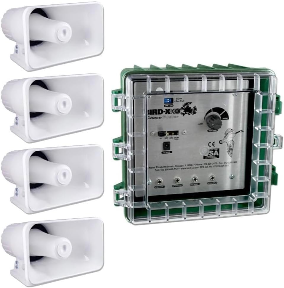 Bird-X GooseBuster, Sonic Goose Decoy Device with 4 Speakers, Uses Naturally-Recorded Sounds, Easy to Install, Covers up to 7 Acres, 500–1500 Hz Frequency