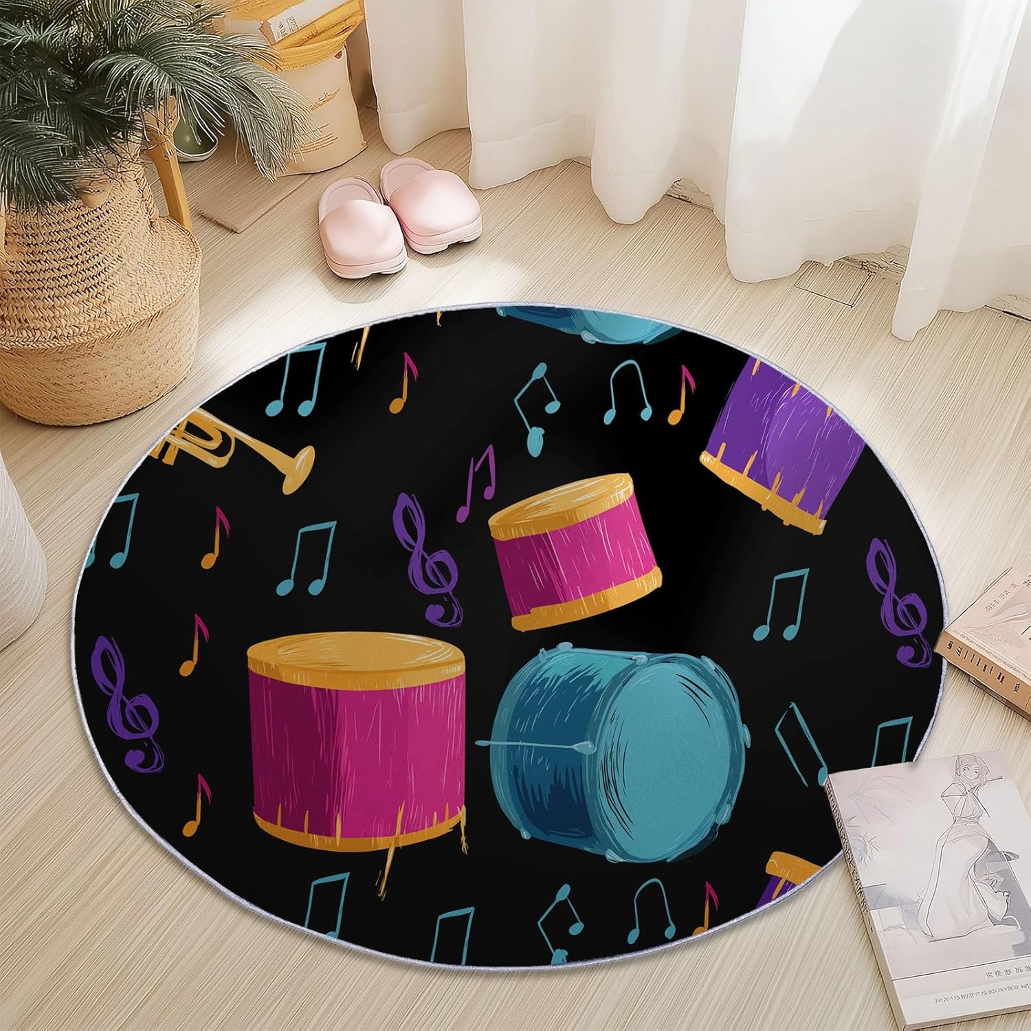 Round Printed Rug 5 ft Washable Circle Rug, Cartoon Musical Notes Drums Machine Washable Area Rugs, Black Non-Slip Low Pile Carpets for Kids Room Dining Room Entrance Bedside Mats Floor Decor