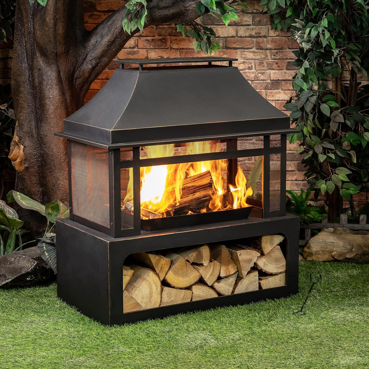 Outdoor Wood Burning Fireplace with Wood Storage and Removable Fire Grill - 40 Inch Large Metal Wicker Base Fire Pit for Patio Garden Deck Backyard, Black