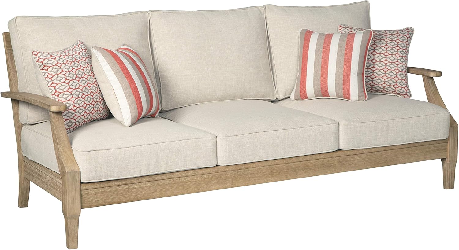 Signature Design by Ashley Clare View Outdoor Patio Sofa, 4 Throw Pillows, Nuvella Weather Resistant Fabric, Eucalyptus Wood, 81