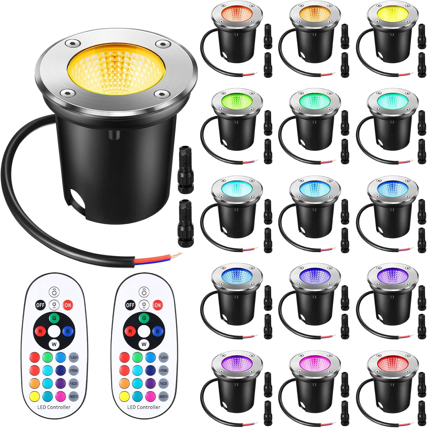 Tuanse 16 Pack Low Voltage Landscape Lights with 32 Connectors and 2 Remotes, RGBW Colored LED Well Lighting 12V-24V Waterproof Outdoor In Ground Lights for Garden Pathway Deck