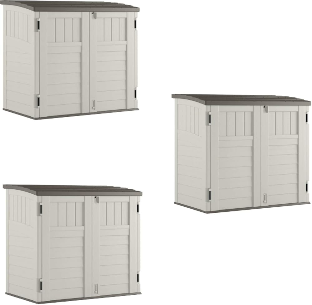 Suncast 3 Pack 34 Cu Ft Capacity Horizontal Outdoor Storage Shed for Garbage Cans, Garden Accessories, Backyard, and Patio Use, Vanilla