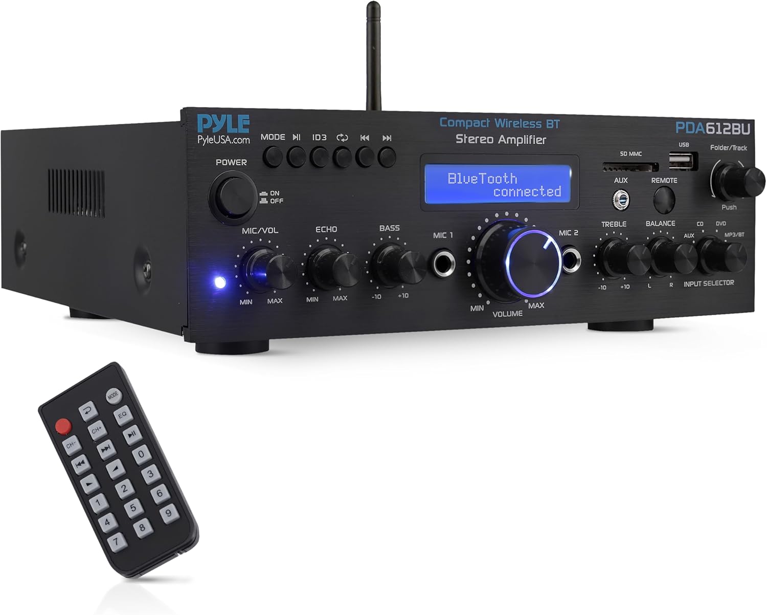 Pyle Compact Bluetooth Stereo Amplifier - 200 Watt Desktop Audio Power Amp Receiver with FM Radio, MP3/USB/SD Readers, Digital LCD Display, Microphone Input - Pyle PDA612BU