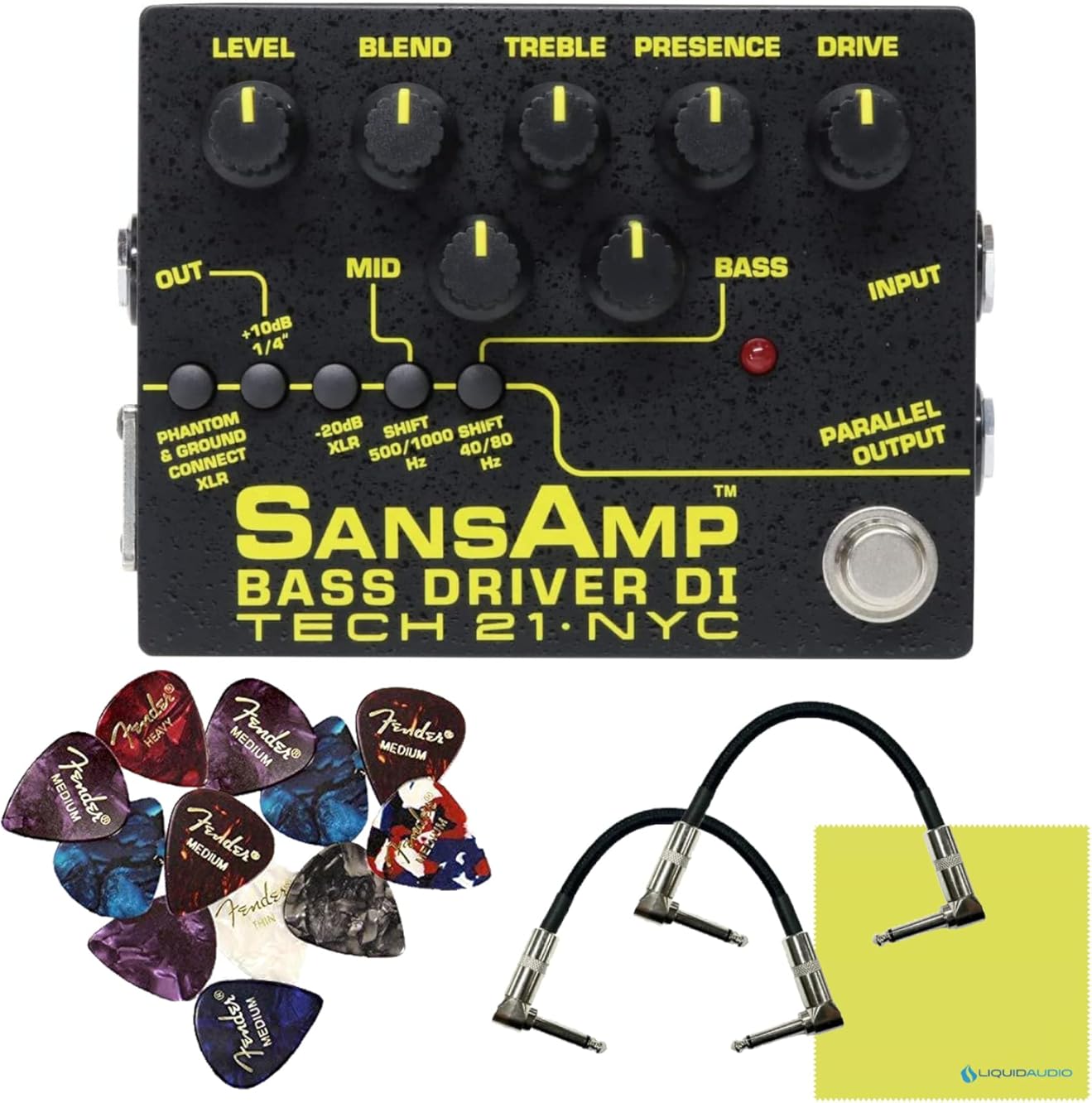 Tech 21 SansAmp Bass Driver DI V2 Pedal Bundle - DI Box, XLR Output, Bass Guitar Kit, Driver Pedal, Patch Cables, Picks, Polishing Cloth