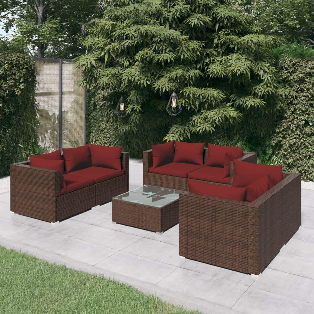 7 Piece Patio Lounge Set with Cushions Poly Rattan Brown,Comfortable Outdoor Lounge Set Modular Rattan Furniture for Patio and Garden Patio Furniture, Outdoor Furniture Sets