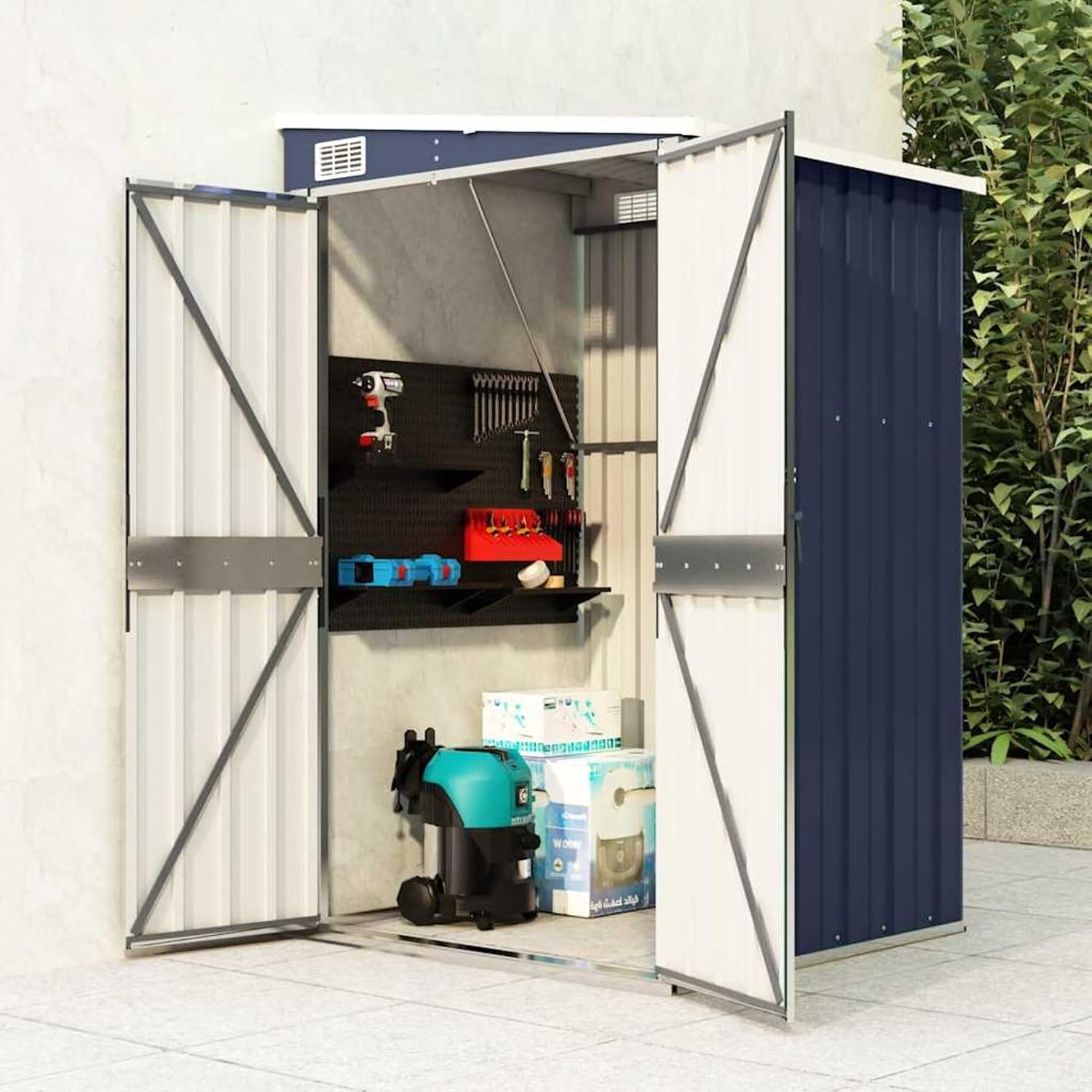 Large Garden Shed, Galvanized Steel Metal Outdoor Storage Shed with Double Doors, 46.5 x 46.5 Inches for Backyard, Patio, and Lawn