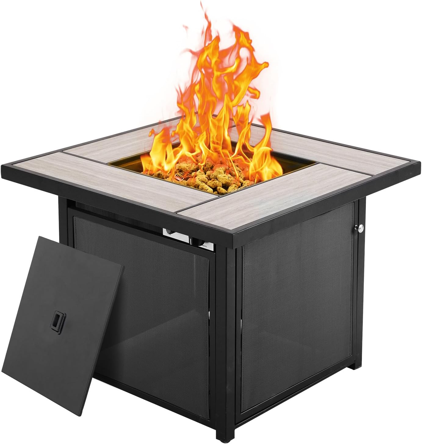 Propane Fire Pit Table, 32 Inch Square Outdoor Gas Fire Pits Clearance 50,000 BTU with Ceramic Tile Tabletop, Removable Lid, Lava Rocks for Outside Patio, Garden, Deck, Yard…