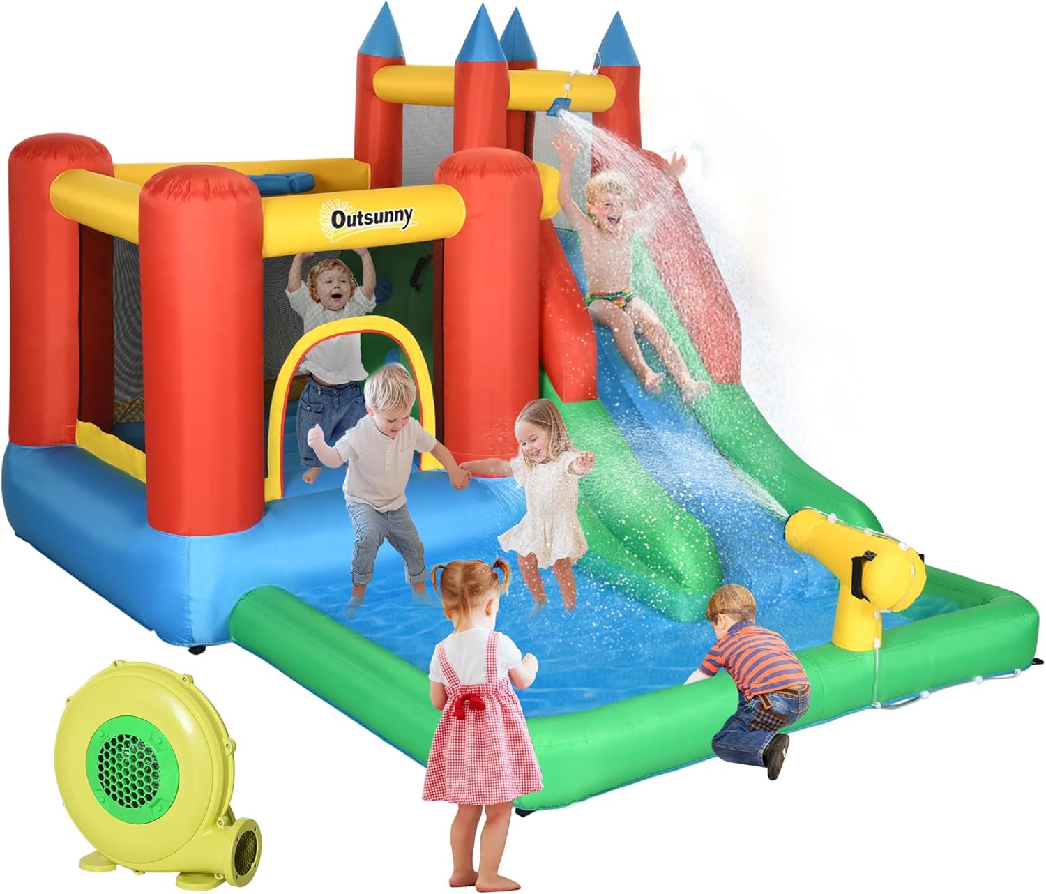 Outsunny 6-in-1 Kids Bounce House Inflatable Water Slide with Pool, Water Cannon, Climbing Wall, Inflator Included, Jumping Castle Kids Backyard Activity Outdoor Water Play Toy